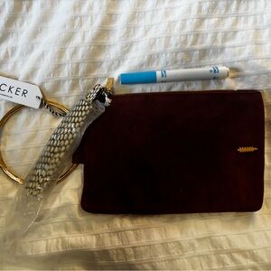 Thacker Maroon Suede Wristlet Clutch with Gold Ring